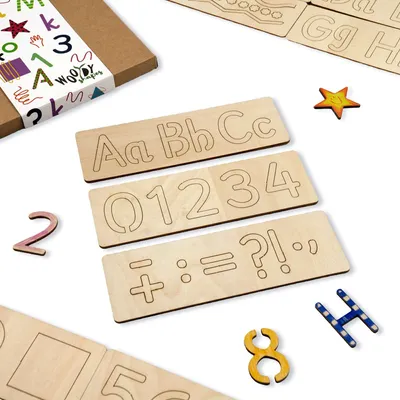 Produktbild von Holzschablonen zum Zeichnen für Kinder, Set mit 15 Stück 19x6,5cm Alphabet und Zahlen, Montessori Lernspielzeug Vorlagen Kreative