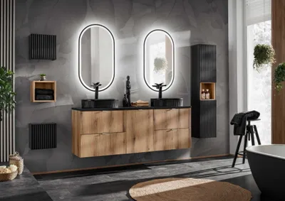 Immagine prodotto di COMAD | set di mobili da bagno, sottolavabo + pensile + mensole, NOVA OAK e NERO