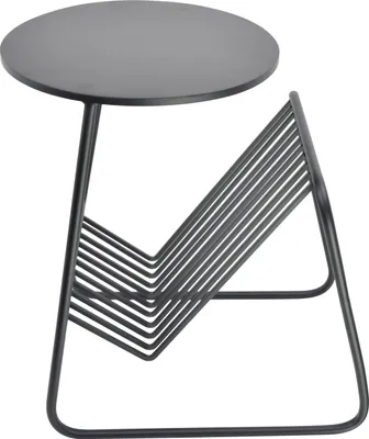 A black metal side table with a round top and a magazine rack integrated into its base, shown against a white background.