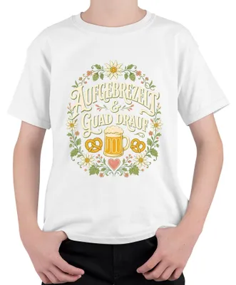 Imagen del producto de Camiseta blanca para niños, con diseño de , con motivos de cerveza, bávaros, lederhosen (pantalones de cuero tradicionales), y corazones. Talla 128