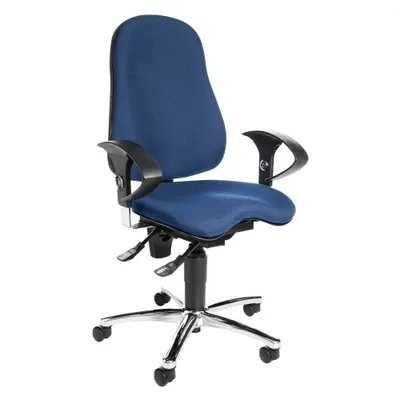 A blue office chair with black armrests and a silver base with wheels, shown against a white background.