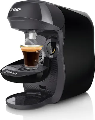 A black Bosch Tassimo coffee machine making a cup of espresso.