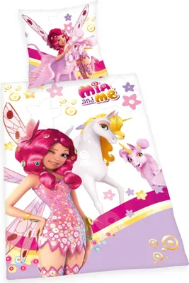 A children's bedding set featuring characters from the Mia and Me animated series.