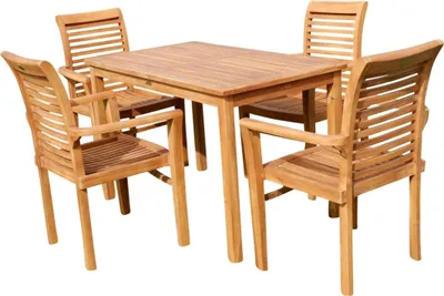 Produktbild von ALEOS. Teak Gartenset Gartengarnitur Gartentisch 120x70 cm Set mit 4 Stapelstühlen Sessel stapelbar echt TEAK Holz Serie ALPEN