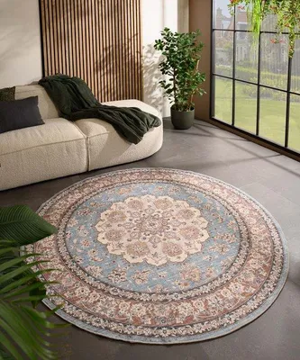 Image de Tapis d'extérieur Unyqoos® Runder Valenca Nova – Bleu clair/beige vintage, structure 3D, lavable, pour intérieur et extérieur, 160 cm