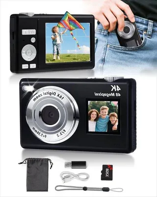 Zdjęcie produktu dla Aparat cyfrowy - aparat dla dzieci, kamera do vlogowania - idealny do vlogowania i podróży - podwójny ekran, autofokus - 4K, 48MP - czarny