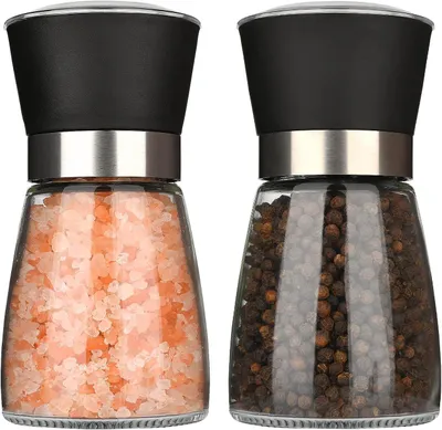 Produktbild von Gewürzmühle 2er Set 180 ml, Salz und Pfeffermühle aus Glas mit einstellbarem Mahlwerk, nachfüllbar für Pfeffer, Meersalz und Kräuter