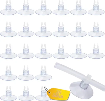 A collection of clear plastic suction cup clips for aquarium airline tubing, arranged in rows on a white background, with a yellow tag indicating quantity.