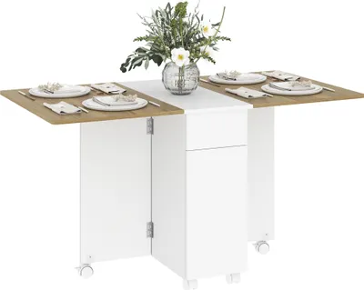 Image de HOMCOM Table à manger pliante sur roulettes, table de cuisine pour 6 personnes avec 2 abattants, 2 tiroirs et 2 placards, pour petits espaces, 140 x 76 x 74 cm, blanc et bois naturel