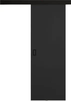 A black sliding door with a small rectangular handle, mounted on a dark track against a white background.