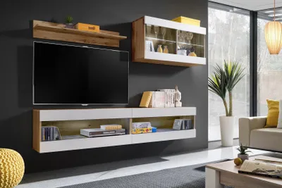 Produktbild von Komodee, Set, Möbel, Tivoli SET6, Wotan/Weiß, Breite 200cm x Höhe 195cm x Tiefe 35cm, LED Blau, für Wohnzimmer, Schlafzimmer