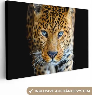 Produktbild von MuchoWow® - Leinwandbilder - Leopard - Tiere - Porträt - Wildtiere - Schwarz, Wandbild, Wanddeko Bilder Wohnzimmer, 60x40 cm