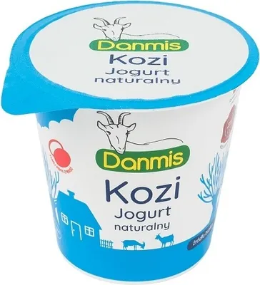 A container of natural goat yogurt with a blue lid and illustrations of a goat, house, and trees.