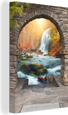 Produktbild von OneMillionCanvasses® - Leinwandbilder - 90x140 cm, Aussicht - Wasserfall - Herbst - Landschaft, - Geöffnetes Fenster - Fensterblick Schlafzimmer Kunstdruck Wanddekoration - Foto auf Leinwand - Gemälde auf Holzrahmen  - Wandschmucke - Schlafzimmer