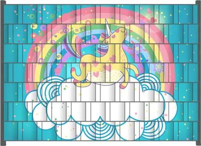 Produktbild von Wallario Zaunsichtschutz mit Motiv Lustiges Einhorn auf einer Wolke vor Regenbogen für Ein- und Doppelstabmatten Zäune in der Größe 200 x 140 cm