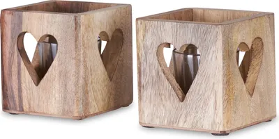 Produktbild von 2er Set Windlicht Herz 9cm Mangoholz Teelicht Glaseinsatz Teelichthalter Kerze