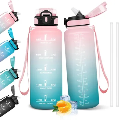 Produktbild von Wasserflasche 1,5L, Motivations- und Zeitmarkierung, Auslaufsicher, mit Strohhalm, für Schule, Fitness