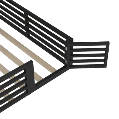 Produktbild von Flieks Kinderbett Doppelbett 140x200cm mit Regal und Tür, Bodenbett Metallbett mit Led, Kinderbett mit Lattenrost und Rausfallschutz, Schwarz