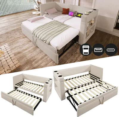 Zdjęcie produktu dla Łóżko tapicerowane z pojemnikiem na pościel, 90x190 cm, z możliwością rozłożenia, wyposażone w 3 porty USB i 1 port Type-C, 2 uchwyty na napoje, otwarte półki, wymienne podłokietniki, wykonane z mieszanki lnu i bawełny, kolor beżowy