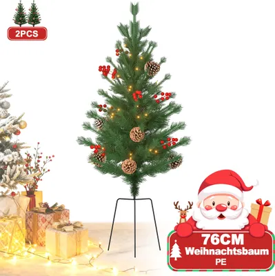 Obrázok produktu pre XMTECH 2xMini vianočný stromček 76 cm PE - so zemným hrotom, 30 LED svetielkami, šiškami a červenými bobuľami - malá vianočná dekorácia do domácnosti, na stôl alebo komodu, typ C