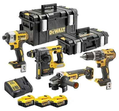 Image de Pack 4 machines DEWALT DCK422P3 : perceuse (DCD796), visseuse à choc (DCF887), perforateur (DCH273) et meuleuse Ø125mm (DCG405) avec 2 coffrets Toughsystem et 3 batteries 5,0 Ah 18V