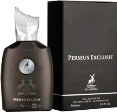 A perfume bottle and its packaging are displayed against a black background.