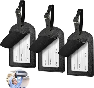 Produktbild von PolkaHome® 3er Set Kofferanhänger aus Leder, Gepäckanhänger mit Adresskarte, Namensschild für Koffer, Rucksack & Taschen – Schwarz