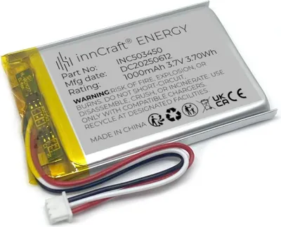 Image de Batterie lithium polymère innCraft Energy 1000mAh 3.7V, modèle 503450 avec connecteur 3P Molex 51021-030 1,25 mm Pitch