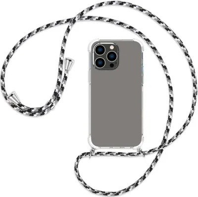 Produktbild von Handykette Backcover-Schutzhülle mit Band (Metall silberfarben) für Apple iPhone 14 Pro Max (6.7'') - schwarz/grau/weiß