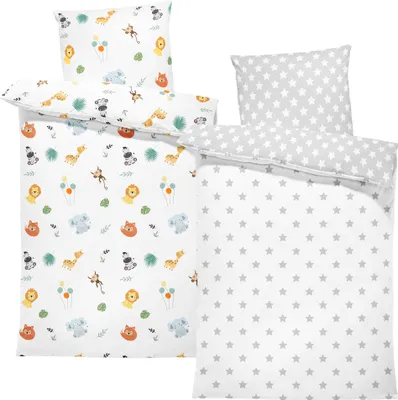 Produktbild von Baby Bettwäsche Set 100x135 cm 2 Stück - Kinderbettwäsche Babybettwäsche mit Kissenbezug 60x40 aus Baumwolle Sternen mit Grau/Weiß und Safarimotiv