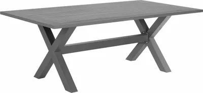 A gray rectangular outdoor dining table with X-shaped legs, shown against a white background.