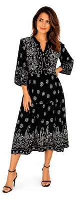 Produktbild von Hochwertiges Damenkleid, Sommerkleid, Kleid, Baumwollkleid mit Rosenmuster, Schwarz - M/L