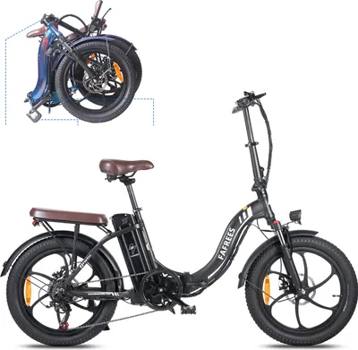 A black folding electric bicycle is shown in full view, with a smaller inset image showing a blue folding electric bicycle.
