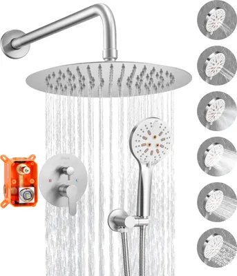 Obrázek produktu pro VEVOR sprchová armatura dešťový sprchový systém do koupelny Sprchový systém s 254 mm kulatou dešťovou hlavicí a ruční sprchou, nástěnná koupelnová armatura s mosazným ventilem a dekorativní sadou, kartáčovaný nikl