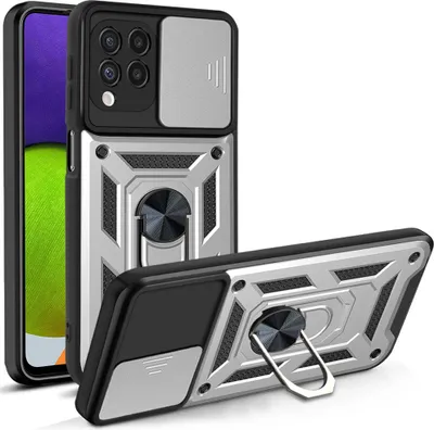 Produktbild von Galaxy A22 4G Hülle mit 360° Drehbarer Magnetische Ring Ständer Halter Dia Kameraschutz TPU Bumper Silikon Schutzhülle für Samsung Galaxy A22 4G Silber