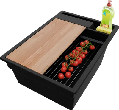 Produktbild von PRIMAGRAN Spülbecken Alles Schwarz 38x53cm, Granitspüle 1 Becken + Ablauf-Set + Küchenzubehörset, Küchenspüle ab 40er Unterschrank - Oslo Pocket