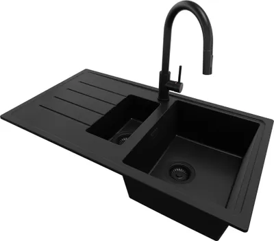 Produktbild von PRIMAGRAN Granitspüle Alles Schwarz 90x50cm, Spülbecken 1,5 Becken + Küchenarmatur 40x20cm + Ablauf-Set, Küchenspüle ab 60er Unterschrank - Kopenhagen Duo