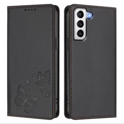 Obrázek produktu pro Kožené pouzdro pro Samsung Galaxy S21 5G, motýlí ražbou, peněženkové flip pouzdro se stojánkem Černá