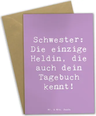 Produktbild von Mr. & Mrs. Panda Klappkarte Spruch Schwester Heldin - Lavendeltraum - Geschenk, Familiengeschenk, Geschwister, Geschwisterliebe, einladungskarten, hochzeitskarten, Freude