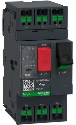Image de Disjoncteur de protection moteur Schneider GV2ME04A 3 pôles 0,4-0,63 A,par bouton-poussoir, SnapIN