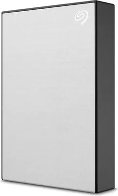 A silver and gray external hard drive with the Seagate logo.