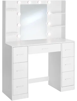 Produktbild von tectake® Schminktisch mit Spiegel und LED Beleuchtung integrierte Steckdose 7 Schubladen 4 offene Ablagen 5 Schmuckhaken weiß