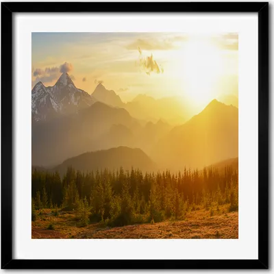 Produktbild von Bild - 50 cm x 50 cm - MDF - Rahmen, Wandkunst - Sonnenuntergang Berge