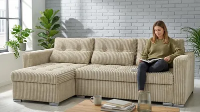 Produktbild von Ecksofa VARIUS Idylla – mit Schlaffunktion, Cord in Grau, Family Meble, KI-generiertes Bild