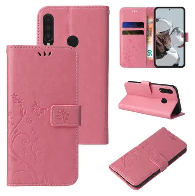 Collage of images showing a pink floral butterfly patterned flip phone case for a Huawei P30 Lite.
