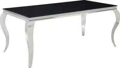 A rectangular dining table with a black glass top and chrome legs, shown from a slightly elevated side angle against a white background.