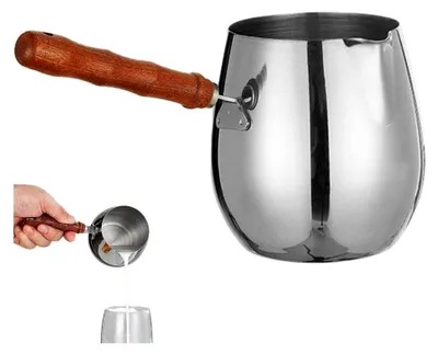 Produktbild von Edelstahl Kaffeekanne für Türkischen Kaffee mit Holzgriff und Milchschaumkrug