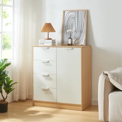Obrázok produktu pre Komoda "Varkaus" so 4 zásuvkami a 1 dvierkami 90 x 80 x 40 cm dubový vzhľad / biela