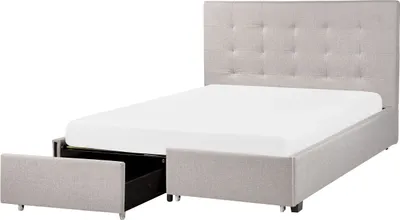 Obrázek produktu pro BELIANI Světle šedá čalouněná postel 140 x 200 cm s nádobou a rámem s prošívanou čelní deskou
