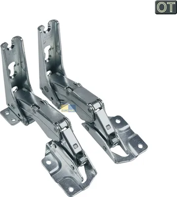 A pair of silver-colored refrigerator door hinges against a white background.